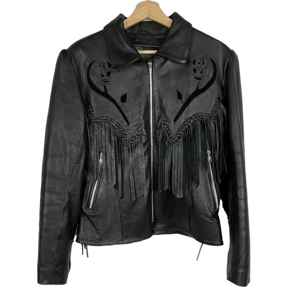 VINTAGE ALCATRAZ BLACK LEATHER FRINGE BRAIDED CONCHO ZIP ROCKSTAR LEATHER JACKET - Picture 5 of 17